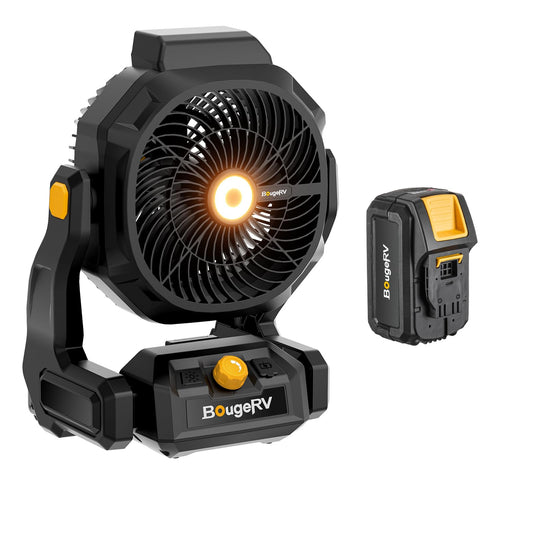 BougeRV Battery Powered Fan, 755 CFM 18V Portable Fan Rechargeable with 8Ah Removable Battery, Metal Hooks, USB Port, Bright Light for Outdoor, Work, Warehouse, Camping, RV, Power Outage, Home