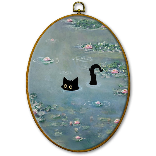 Black Cat Wall Hanging, Black Cat Among Pink Water Lilies, Evening Retro Preppy Style Animal Painting, Suitable for Living Room, Bedroom, and Bathroom Decoration, Christmas Gifts for Granddaughter, 8.5x11.2 inches