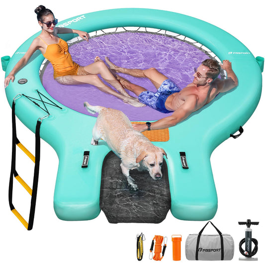 FBSPORT Inflatable Water Hammock Floating Dock with Boat Ramp,Round Floating Ring Inflatable Raft with Cup Holders, Sun Float Chill Tanning Pool Lounger Platform for Lake