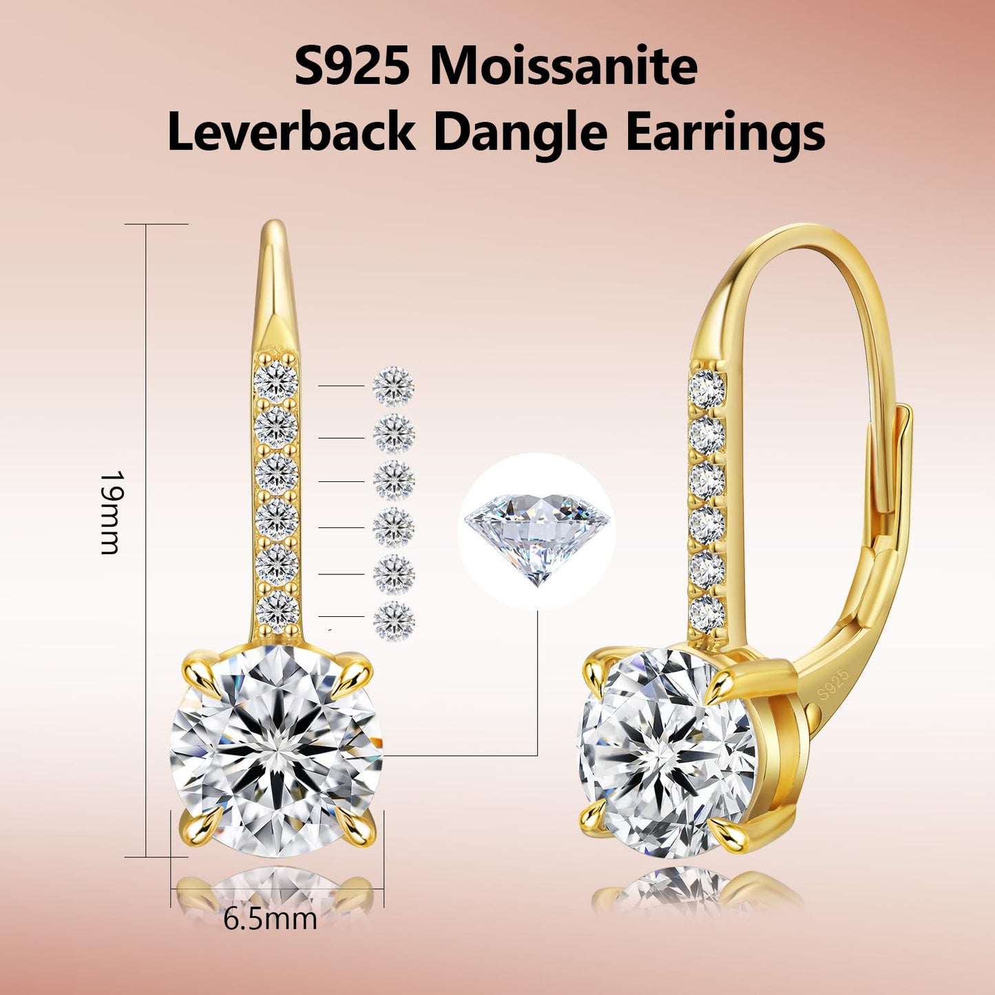 KRKC Moissanite Earrings, 1.0ct-2.0ct D Color Lab Created Diamond Earring, 14k White Gold Plated Sterling Silver Dangle Earrings S925 Leverback Drop Earring for Women Hypoallergenic Jewelry for Gifts