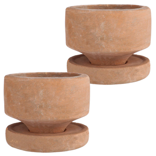 Yungyan 2 Set 4.3'' Rustic Terracotta Plant Pot with Drainage Saucer Vintage Breathable Clay Planter Farmhouse Flower Pot Distressed Finish for Flower Succulent Modern Home Garden Decor(Round)