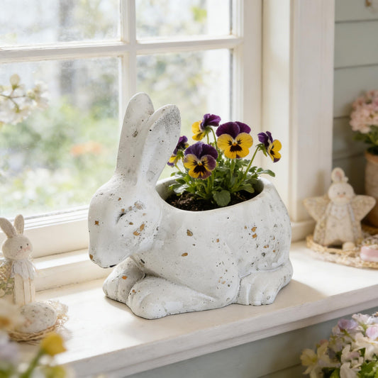 Rustic Stone Animal Plant Pot with Drainage Vintage Distressed Succulent/Cactus/Bonsai Planter Indoor&Outdoor Flower Pots for Garden Office Home Kitchen Table Decor Plants Lovers Gifts White Rabbit