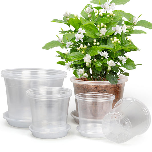RAOOKIF 10/8/6/5 Inch Clear Nursery Pots with Drainage Hole and Saucers, 12 Pack Large Nursery Pots for Plants for Indoor Outdoor, Plastic Clear Plant Pots for Flowers, Succulents, Vegetables