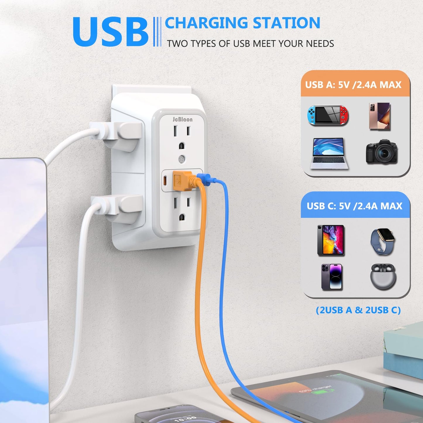 3 Pack Surge Protector Outlet Extender, 6 Outlet Splitter with 4 USB Ports (2 USB C), Multi Plug Wall Outlet 1050J Power Strip, USB Wall Charger for Home Office Kitchen Travel