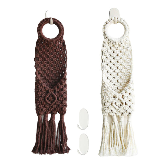 Macravine 2-Pack Boho Phone Hanger on wall, Macrame Remote Control Hanging, Chic Home Decoration Crochet Hanging Organizer, Boho Key Holder 18"X3.5"(Brown+Beige)