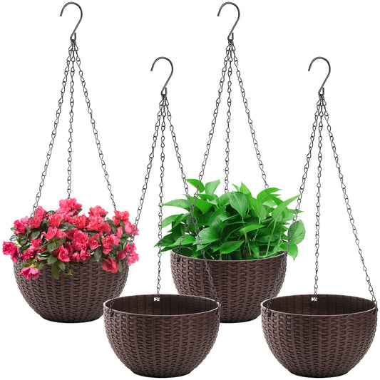 Foraineam 4 Pack 8.2 inch Self-Watering Hanging Planters, Garden Flower Plant Pot Container, Hanging Basket Planter with Drainer and Chain for Indoor Outdoor Use, Coffee Brown