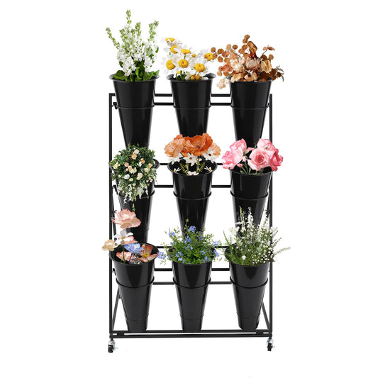 CNCEST Flower Display Stand With 9PCS Buckets,3 Layers Metal Plant Stand with Wheels,Moving Plant Cart Shelf Indoor Outdoor Flower Rack for Home Patio Balcony (Black, 3 Tier,9PCS)