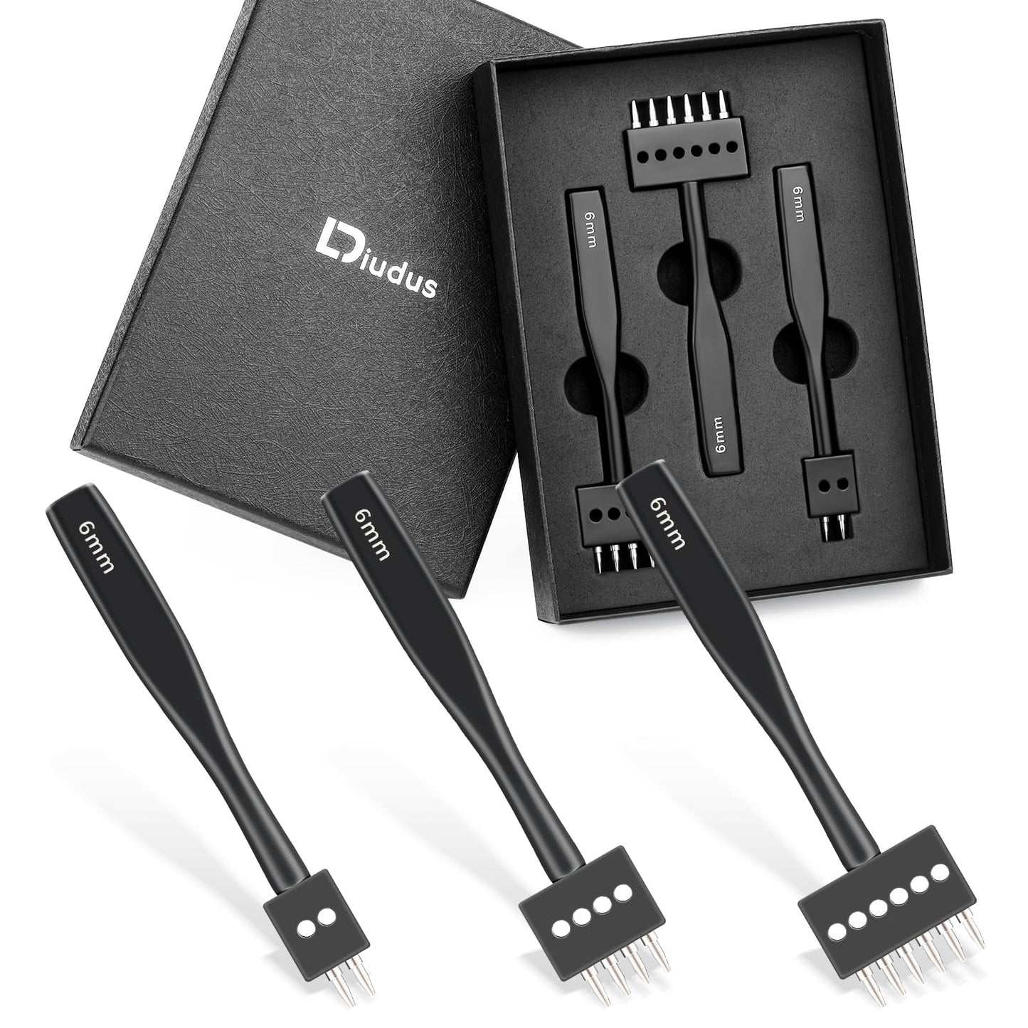 DIUDUS Leather Hole Punch, Prong Punch Tool 6mm 2/4/6 Lacing Stitching Punch, Round Hole Prong Stitching Chisel Set Leatherworking Tools for Leathercraft