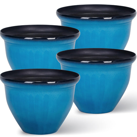 Worth Garden 12-Inch Dia. Round Blue Plastic Planters with Drain Holes, 9.5-Inch Height - 4-Pack Glossy Finish Bell-Shaped Plant Pot – Lightweight Indoor/Outdoor Flower Pots