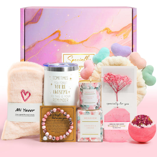 Happy Birthday Gifts for Women, 9pc Get Well Baskets, Pink Self Care Package Relaxing Spa Bath Thinking of You Gift Set for Gf Sister Friend Nurse Daughter Teacher Mother Christmas