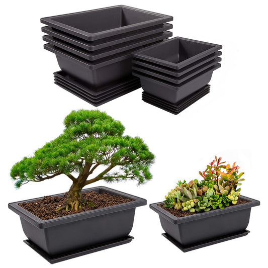 PAMASE 8 Packs Bonsai Training Pot with Humidity Tray - 6.5in & 9in Training Nursery Pots Kit, Plastic Plants Growing Planter with Drainage Tray, Indoor Succulents Decor Garden