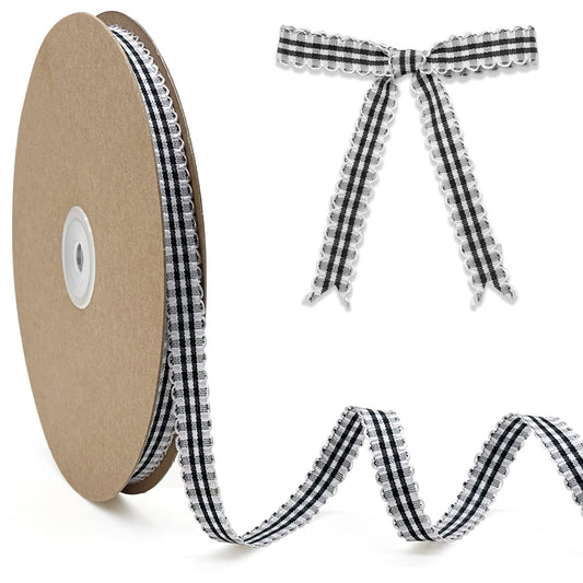 PQZKLDP Gingham Plaid Ribbon - 3/8" x50 Yards 100% Polyester Checked Ribbon for Gift Wrapping, Flower Bouquets, Wreaths - Christmas Home & Party Decor Craft Ribbon(Black)
