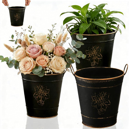 AVLA 3 Pack Galvanized Bucket, Rustic Farmhouse Metal Flower Vase, Vintage Plant Pot, Decorative Tin Pails with Handles for Wedding Decorations, Centerpieces, Home Decor, Garden Planter, 5.7 Inch