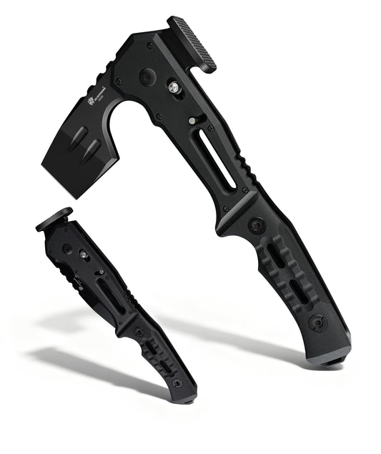 HX OUTDOORS Folding Tactical Axe Survival Multitool, DC53 Steel Blade with Black Titanium, Camping Axe with Hammer & Bottle Opener, G10 Handle for Outdoor Gear,Various Tactical and Survival scenarios