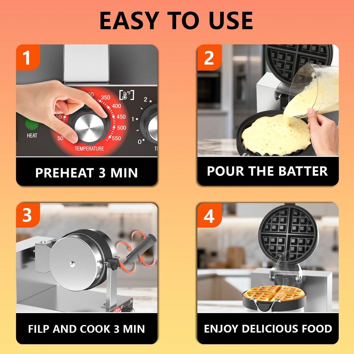 POPFOODEX Belgian Waffle Maker, 110V Industrial Waffle Maker w/Non-Stick Coating and Adjustable Temperature (122-572°F), 1200W Rotary Commercial Waffle Machine w/Timer, Restaurants and Food Trucks