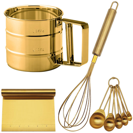 Gold Flour Sifter Baking Tool Set, findTop Stainless Steel 4-Piece Kit with 10" Whisk, Dough Scraper & 5 Measuring Spoons, Mirror Polished, Easy to Clean, for Cake Bread Cookie Prep