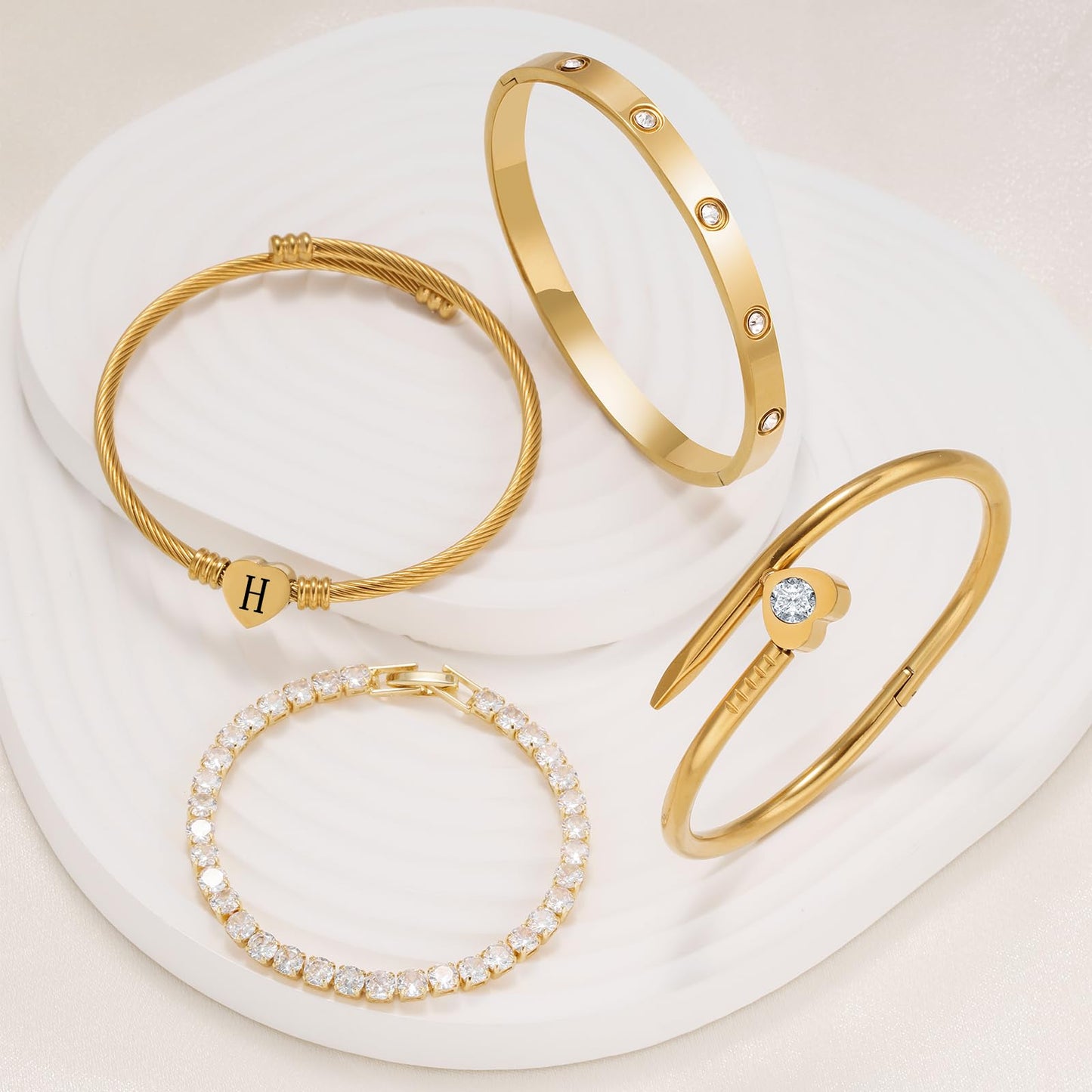 MEIERYA18K Gold Plated Nail love Bangle Bracelet Set for Women,Cubic Zirconia,Adjustable tennis bracelet Trendy Gift Jewelry for Mother's Day Anniversary (07-Style-H)