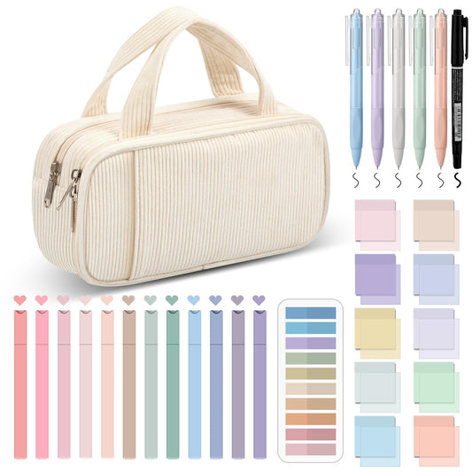 Jutom 39 Pcs Aesthetic Book Annotation Kit Highlighter with Pencil Case Bag Gel Pen Transparent Sticky Note Taking Bible Study College School Supplies(White,Classic Style)