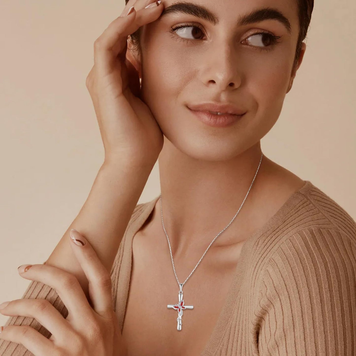 Blaniy Cross Necklace for Women 925 Sterling Silver Butterfly Necklace Garnet Pendant Necklaces January Birthstone Jewelry Gifts for Women