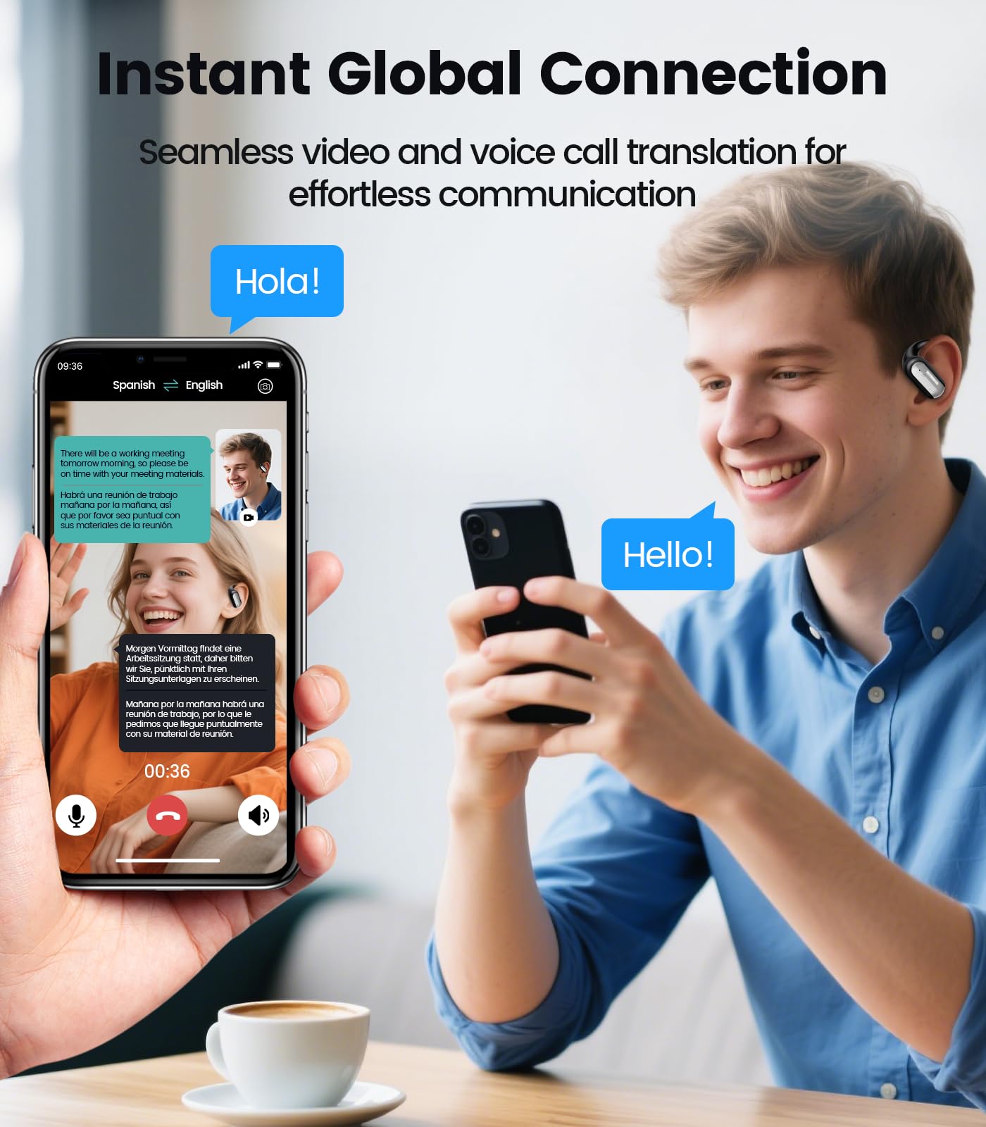 AI Translation Earbuds Real Time 164 Languages Translator Ear Buds Audifonos Traductores Inglés Español 4-in-1 Wireless Headphones Bluetooth Earphones for Travel Business Meeting Learning Black