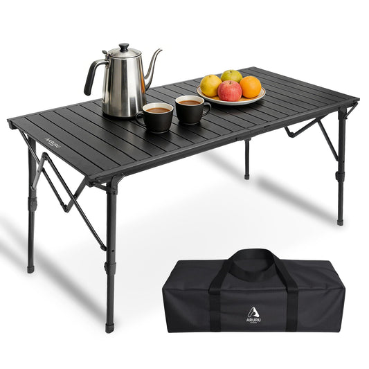 ARURU 50" Large Folding Camping Table with Adjustable Hight Legs for 2-6 People - Heavy Duty Foldable Camp Table with Roll-Up Aluminum Picnic Table, Portable Outdoor Table for Cooking,Beach,BBQ,Party