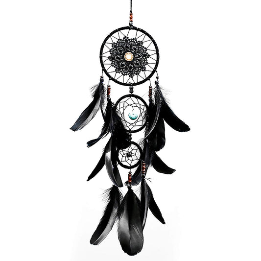 Pretty Jolly Black Gothic Dream Catcher Wall Decor Handmade Woven Feather Macrame Dream Catchers Wall Hanging for Bedroom,Living Room,Wedding Party,Home Decor-Black 3 Rings 22.4"