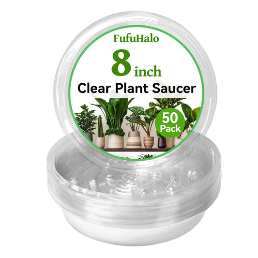 FufuHalo Clear Plant Saucers 50 Pack 8 Inch Plastic Plant Saucer, Durable Plant Pot Saucers Plant Drip Trays Used for Indoor and Outdoor Flower Pot
