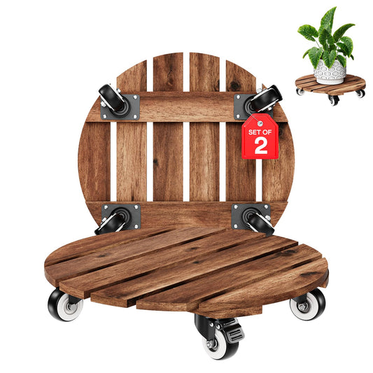 2pack Wood Plant Caddy With Wheels Heavy Duty Red Brown, 264 Lbs Capacity, 12 Inch Acacia Hardwood Plant Roller, Plant Stand with 360° Lockable Wheels, Plant Caster for Heavy Objects Hauling