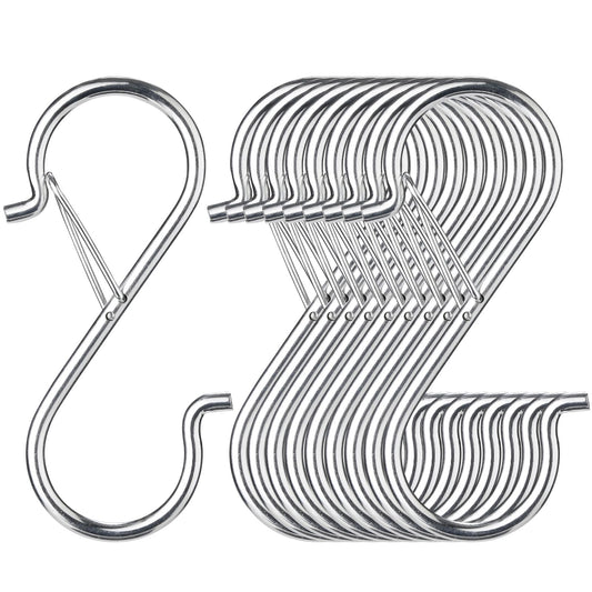 iCafePub 12 PCS S Hooks for Hanging with Safety Buckle, Metal S Shaped Hooks Fit for 0.5 Inch Rod Diamater, for Kitchen Utensil, Cups, Pots, Plants, Bags, Hats (Silver)