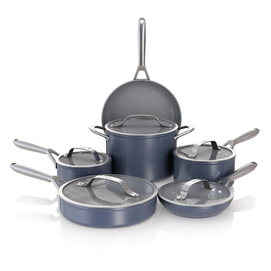 Ninja Ceramic Pro 11-Piece Cookware Set, Non-Stick Pots & Pans Set with Glass Lids, Nontoxic, PTFE Free, Ceramic Coated, Oven Safe, All Stovetops & Induction Compatible, Midnight Blue, CW39011MM