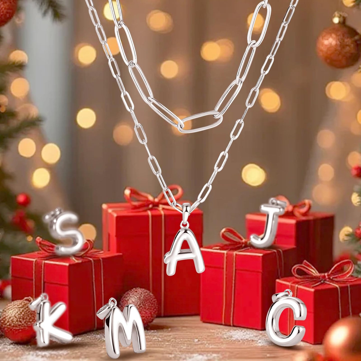 adoyi Silver Initial Necklace for Women 14k Gold Plated Layered Bubble Letter Necklaces Trendy Jewelry Chain Name X Pendant Necklace Stack Birthday Valentines Gifts