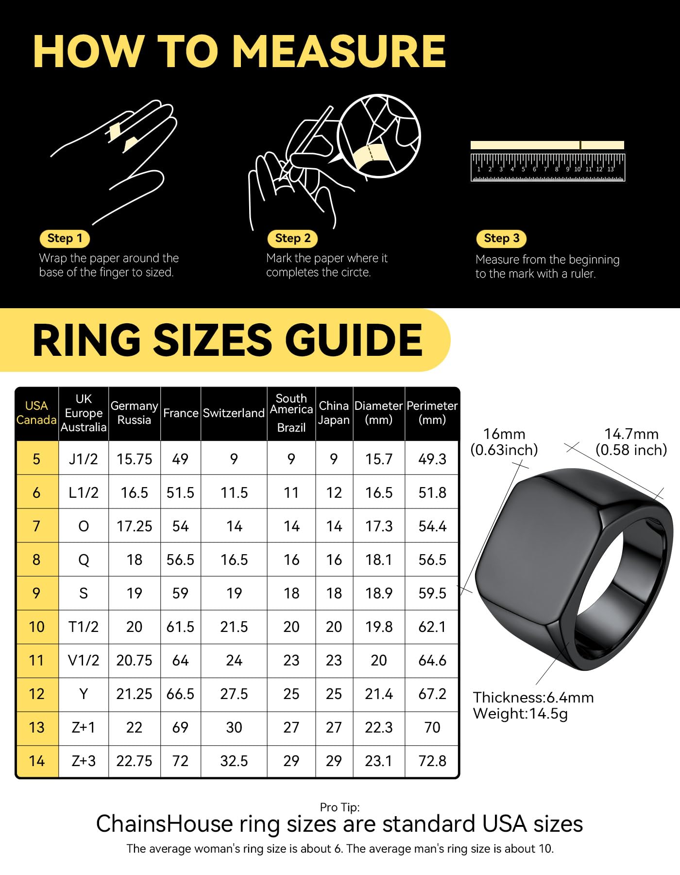ChainsHouse Black Signet Rings for Men Women Solid Polished Stainless Steel Biker Ring Gift for Dad Size 12