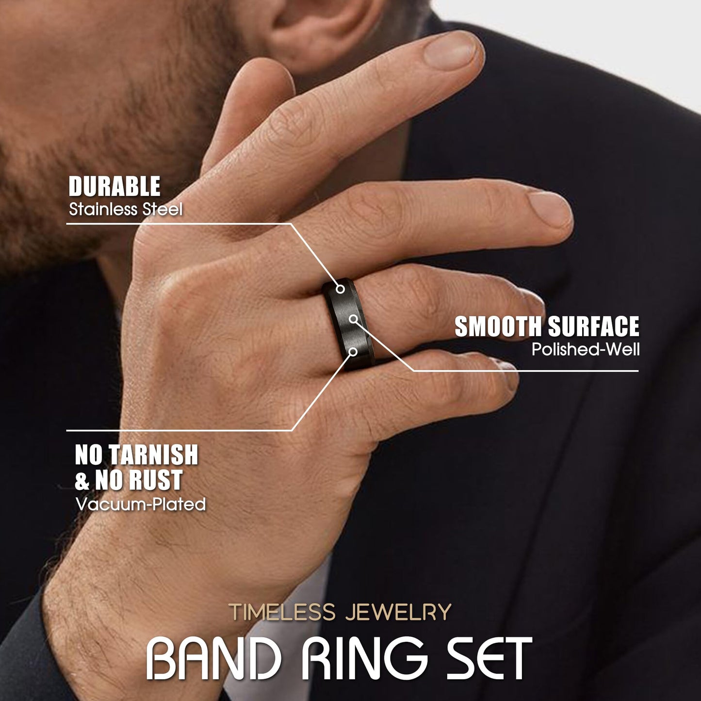 Jstyle Stainless Steel Rings for Men Women 8MM Wedding Band Rings Matte Surface - Beveled Polished Edge Mens Ring Size 6 Black Ring for Men