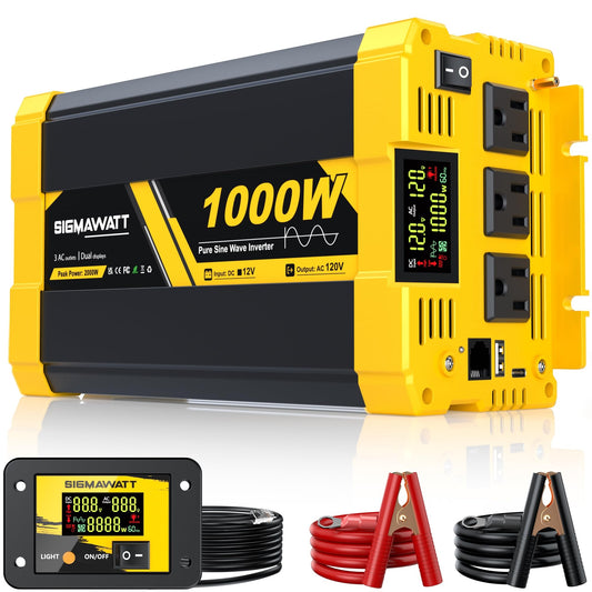 1000W Pure Sine Wave Inverter,12V DC to 120V AC–Powers Laptop,Tablet,Printer,Slow Cooker,Small Mixer,Car Refrigerator,Switch and PS5 with Led Display and Remote Monitoring