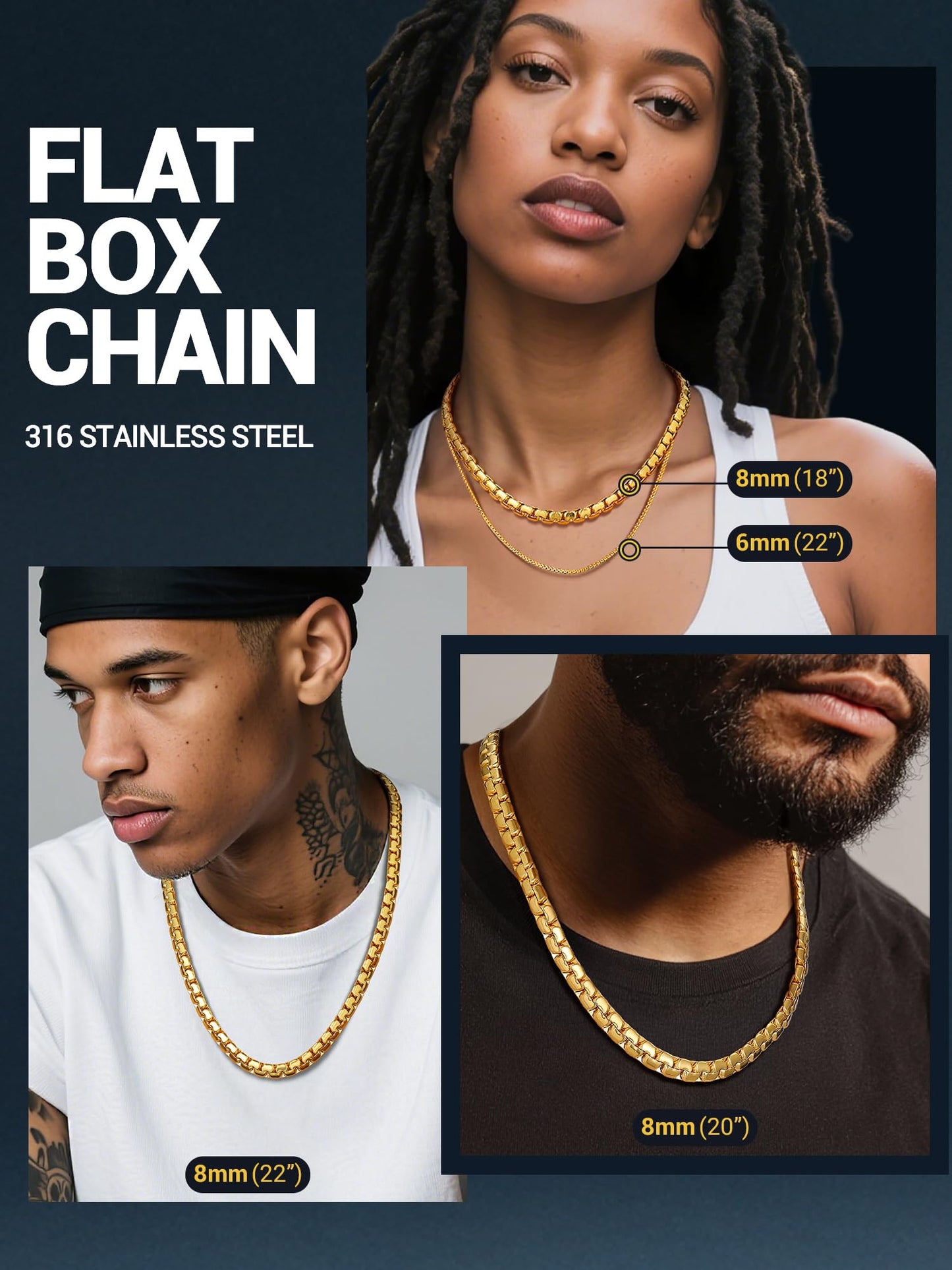 PROSTEEL Chunky Gold Chain 8mm Tarnish-Resistant Women Choker Chunky Flat Box Necklace Hip Pop Mens Jewelry