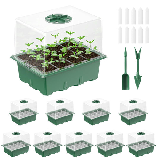 Pawfly 10 Pack Seed Starter Kit, 120 Cells, Seed Starter Trays with 4" Humidity Domes, Planting Tools & Labels, Indoor Seedling Starter Trays, Reusable Plant Germination Trays, Seed Starting Trays