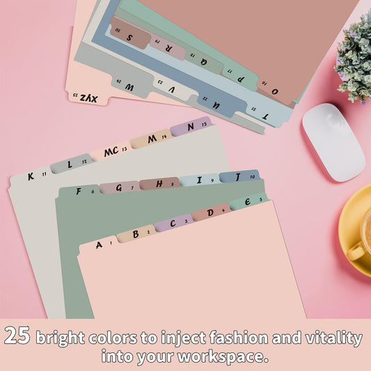 1 Set 25 Pcs Alphabetical File Organizer 12 Colors A-Z Top Tab Alphabet File Cabinet Dividers Letter-Size 1/5 Cut Tab File Folder Guide 500 GSM Heavyweight Manila Cardboard for Office Home School Desk