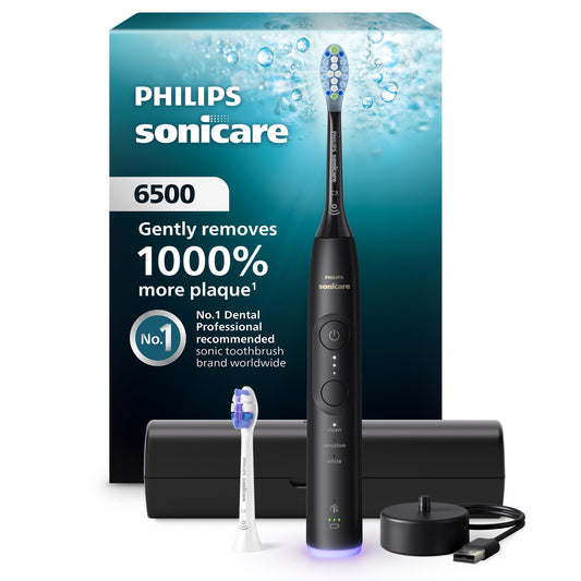 Philips Sonicare 6500 Series Electric Toothbrush - Next-Generation Sonicare Technology, Pressure Sensor, 9 Brushing Settings, SmarTimer, BrushPacer, 21-Day Runtime, Travel Case, Black, HX7411/08