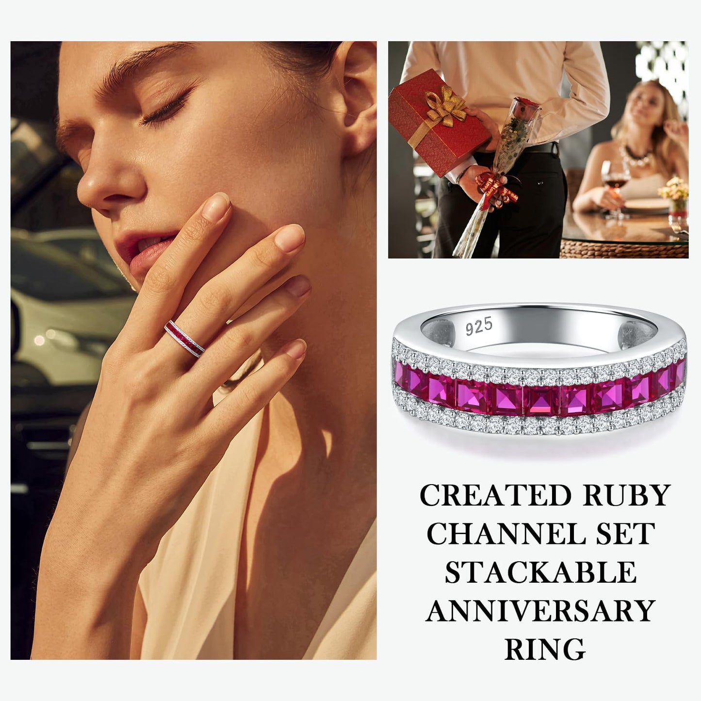RANDES Anniversary Bands for Women 925 Sterling Silver Red Stone Ring 5mm Thick Channel Set Half Eternity Rings Ruby Birthstone Ring Size 10.5