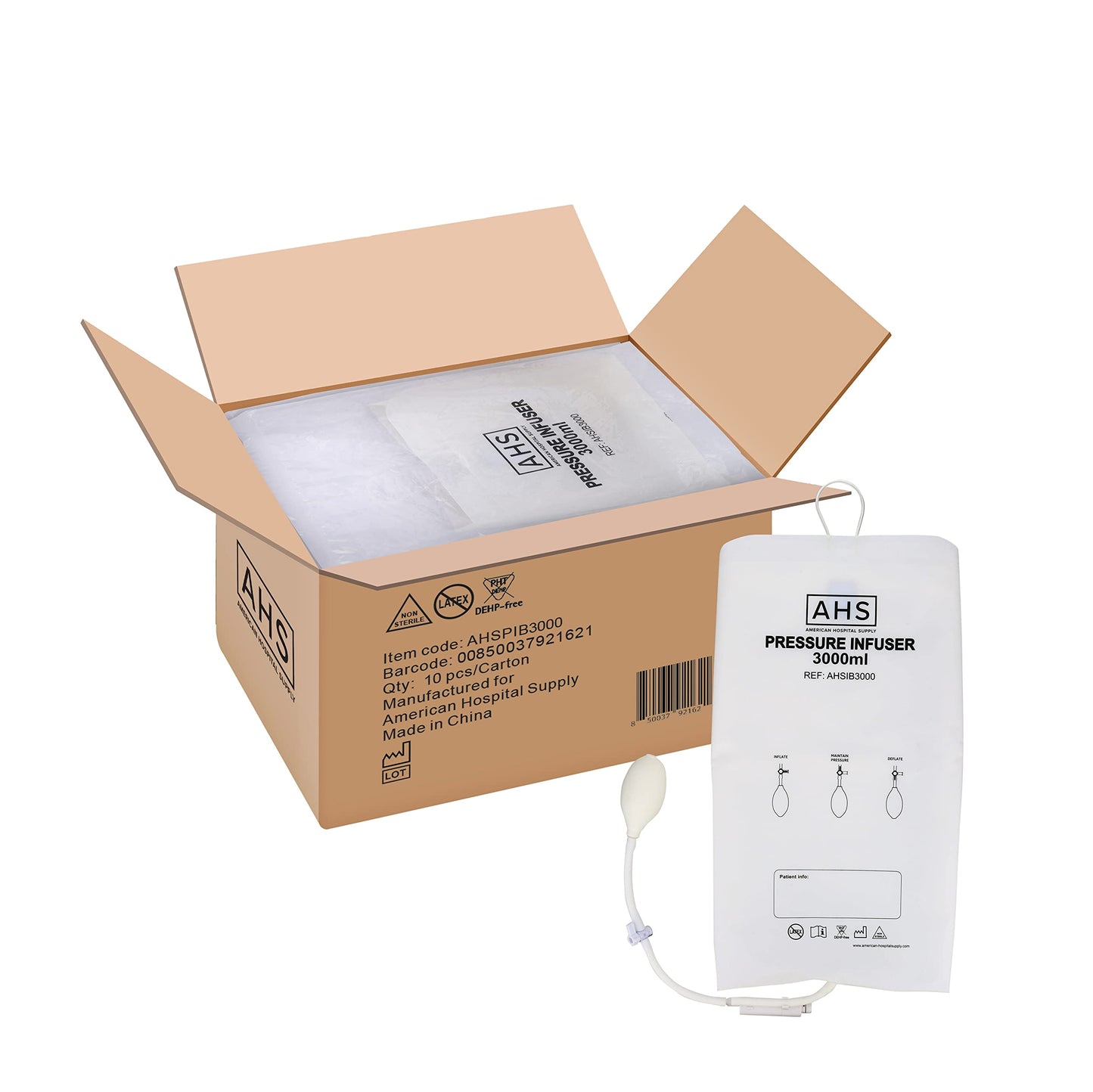 AHS American Hospital Supply Medical Pressure Infusion Bag 3000ml | IV Pole Infusion Sack with 3-Way Stopcock, Smart Design and Easy to Use | Medical Supplies & Equipment (Pack of 10)