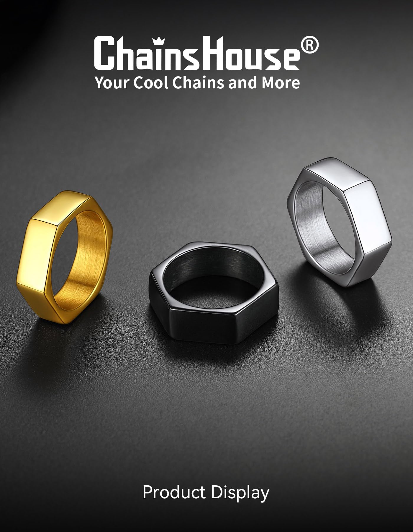 ChainsHouse Black Biker Ring Stainless Steel Jewelry Size 7 Punk Hexagon Geometric Band Rings
