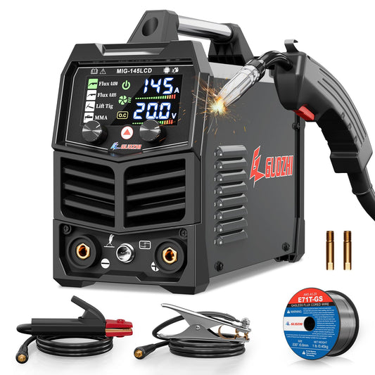GZ GUOZHI 145A MIG Welder, 3 in 1 Welder FLUX MIG/Lift TIG/ARC Multi-Process Mig Welder, 110V Welding Machine, Flux Core Welder Welder Machine 110v with LCD Large Screen