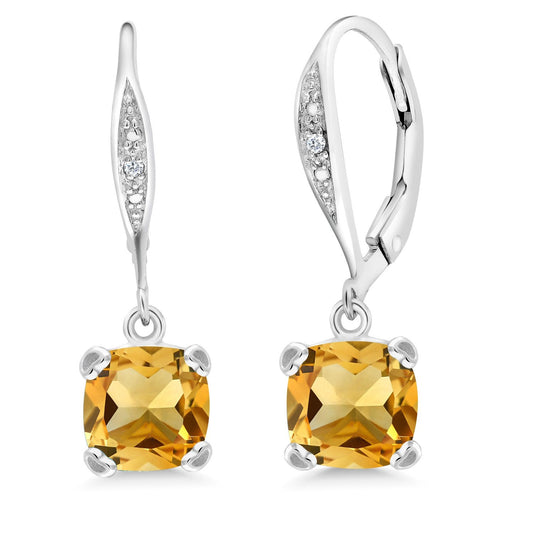 Gem Stone King Drop Dangle Earrings For Women | 7MM Cushion Cut Gemstone Birthstone and Diamond | 925 Sterling Silver | Jewelry Gift for Mom Wife Her | Citrine-November | Sterling Silver