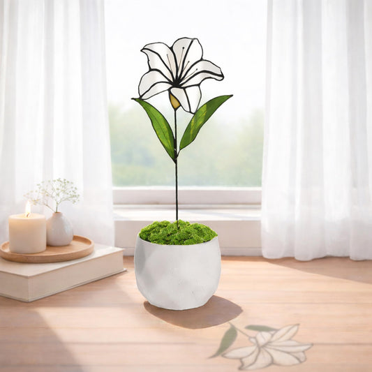 Verssure Stained Glass Flower, Stained Glass Lily with Ceramic Pot, Real Handmade Sun Catcher, Eternal Lily Decorative Sculpture Gift for Women, Mom, Wife, Anniversary, Home Decor