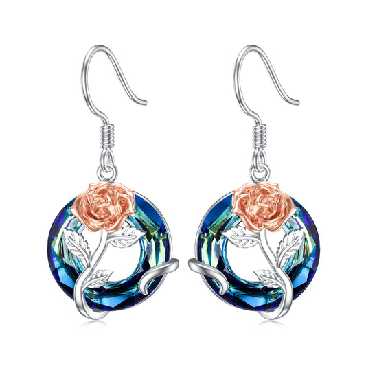 TOUPOP June Birth Flower Earrings Rose Flower Drop Dangle Earrings Blue Crystal Jewelry Birthday Mothers Day Gifts for Women Mom Her