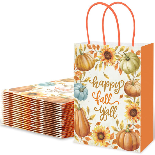 JarThenaAMCS 24Pcs Fall Paper Bag Watercolor Pumpkin Leaves Sunflower Treat Bags with Handles Vintage Candy Goodie Bags for Autumn Thanksgiving Party Favors Supplies