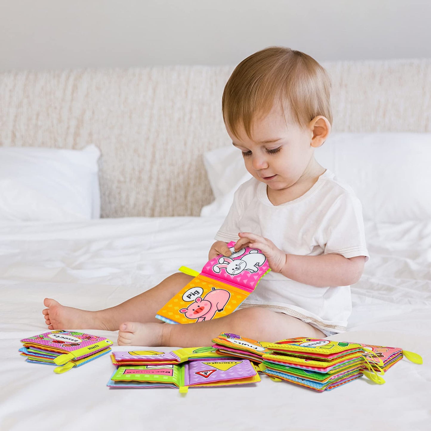 OKOOKO 12PCS Soft Baby Books, Soft Cloth Books, Bath Toys, Crinkle Washable Non-Toxic Early Education Preschool Learning Toy for Newborns Babies Infants Toddlers Kids