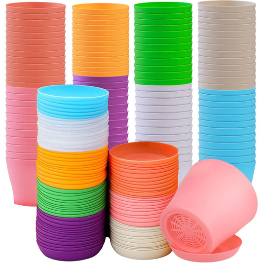 SeewtLice 100 Pcs 3.3 Inch Plastic Flower Plant Pots with Drainage Holes & Saucers for Indoor Outdoor Garden Planting, Nursery Pots for Succulents, Herbs, Seeds, African Violets, Cactus