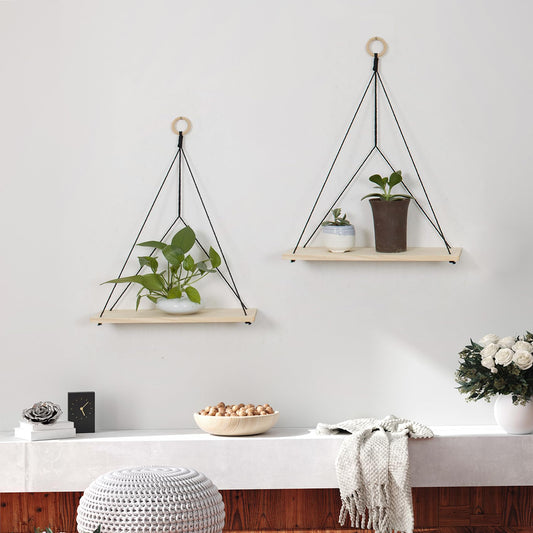 HVEST Macrame Wall Hanging Shelf Set of 2, Black Geometric Macrame Wall Art Wooden Floating Hanging Shelf Black Woven Decor Plant Hanger Handmade Woven Tapestry for Bedroom Living Room Home Decor