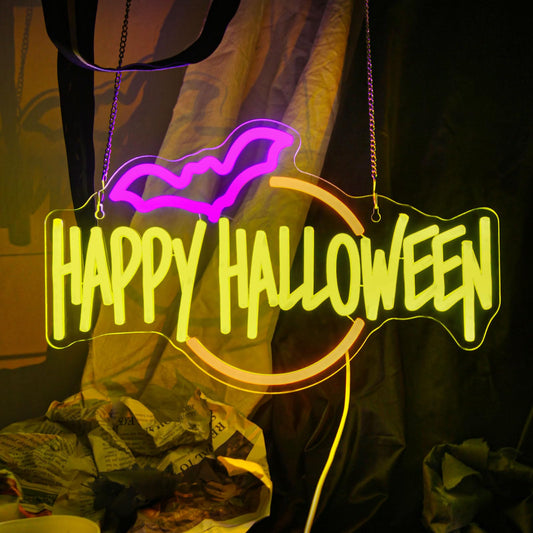Gevbay Happy Halloween Neon Sign Bat LED Light Up for Bedroom Home Bar Halloween Decor Trick or Treat Party Backdrop USB Powered